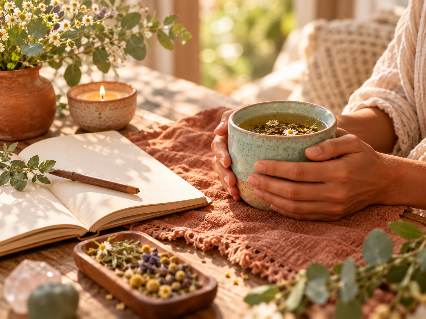 Momento sereno con té, escritura y elementos de bienestar