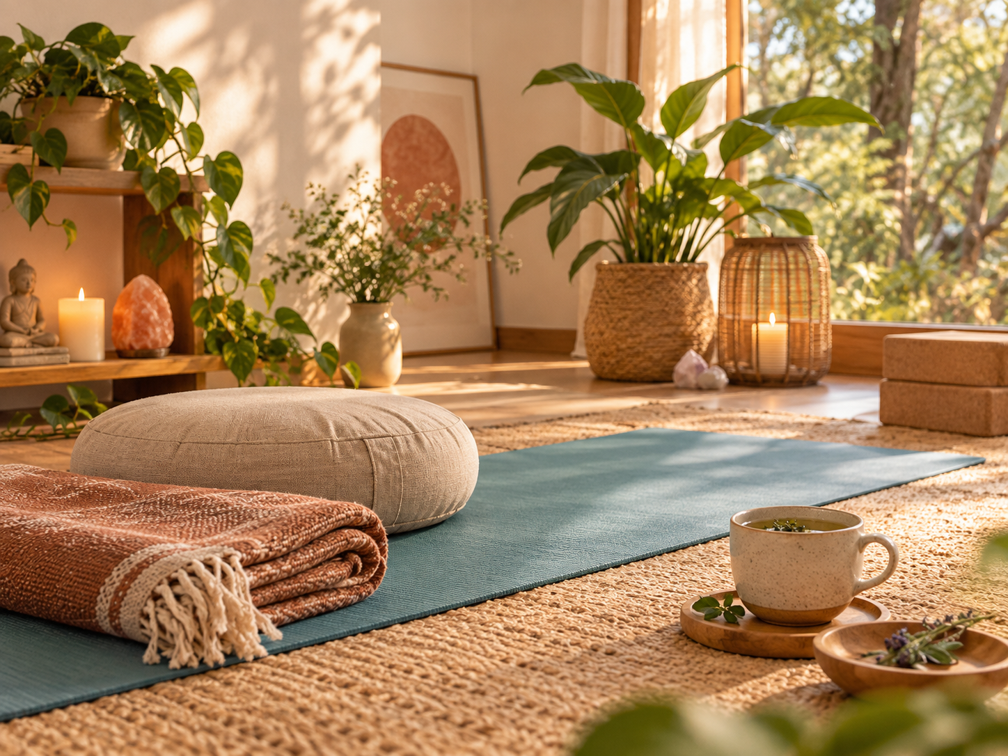 Espacio cálido de yoga y bienestar con luz natural